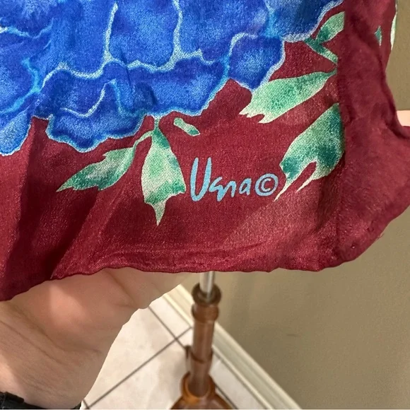 Elegant Floral Scarf in Burgundy and Blue Hydrangea Floral Silk - Picture 6 of 9